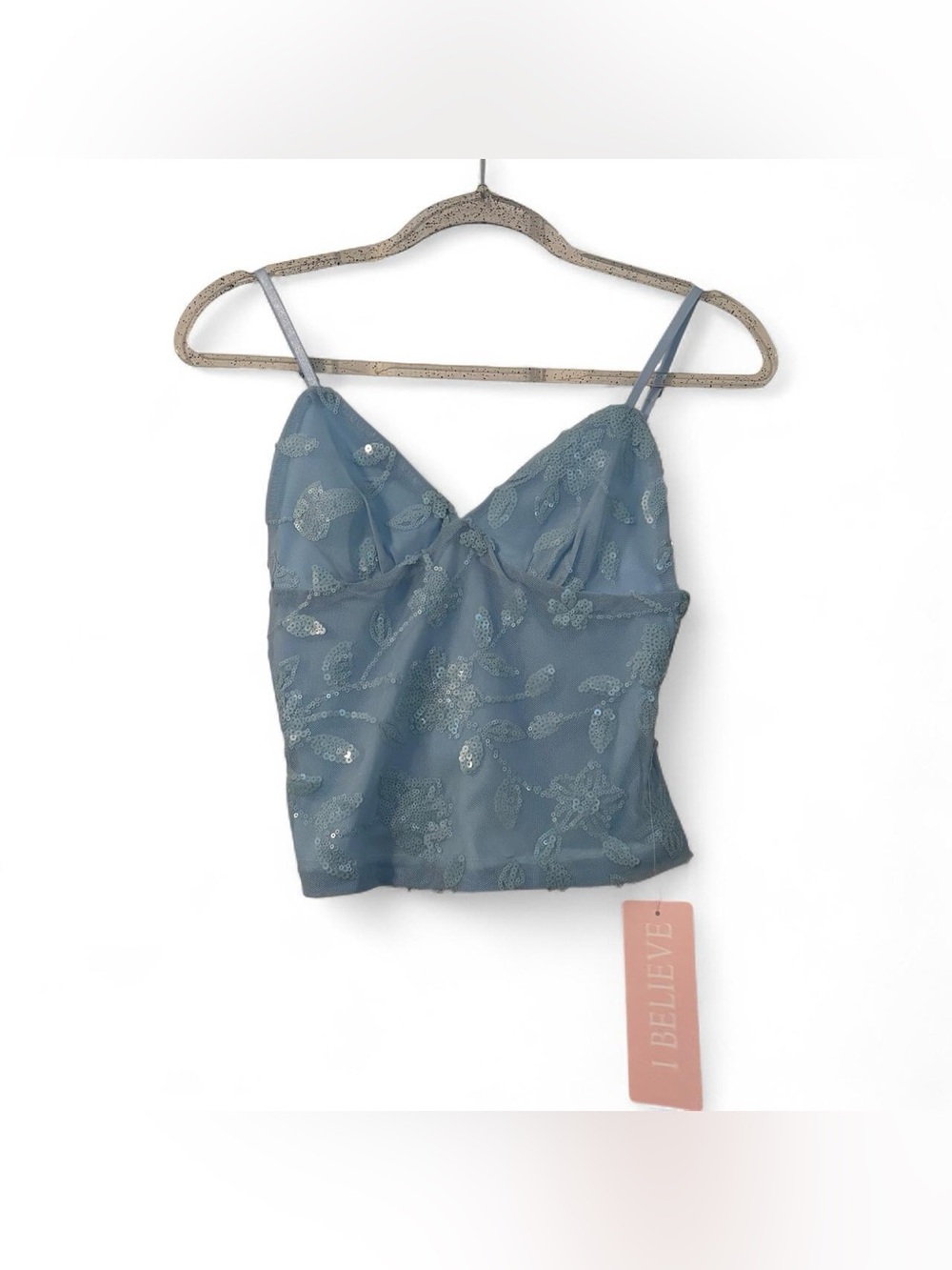 NWT I BELIEVE Blue Embellished Spaghetti Strap Cami Top